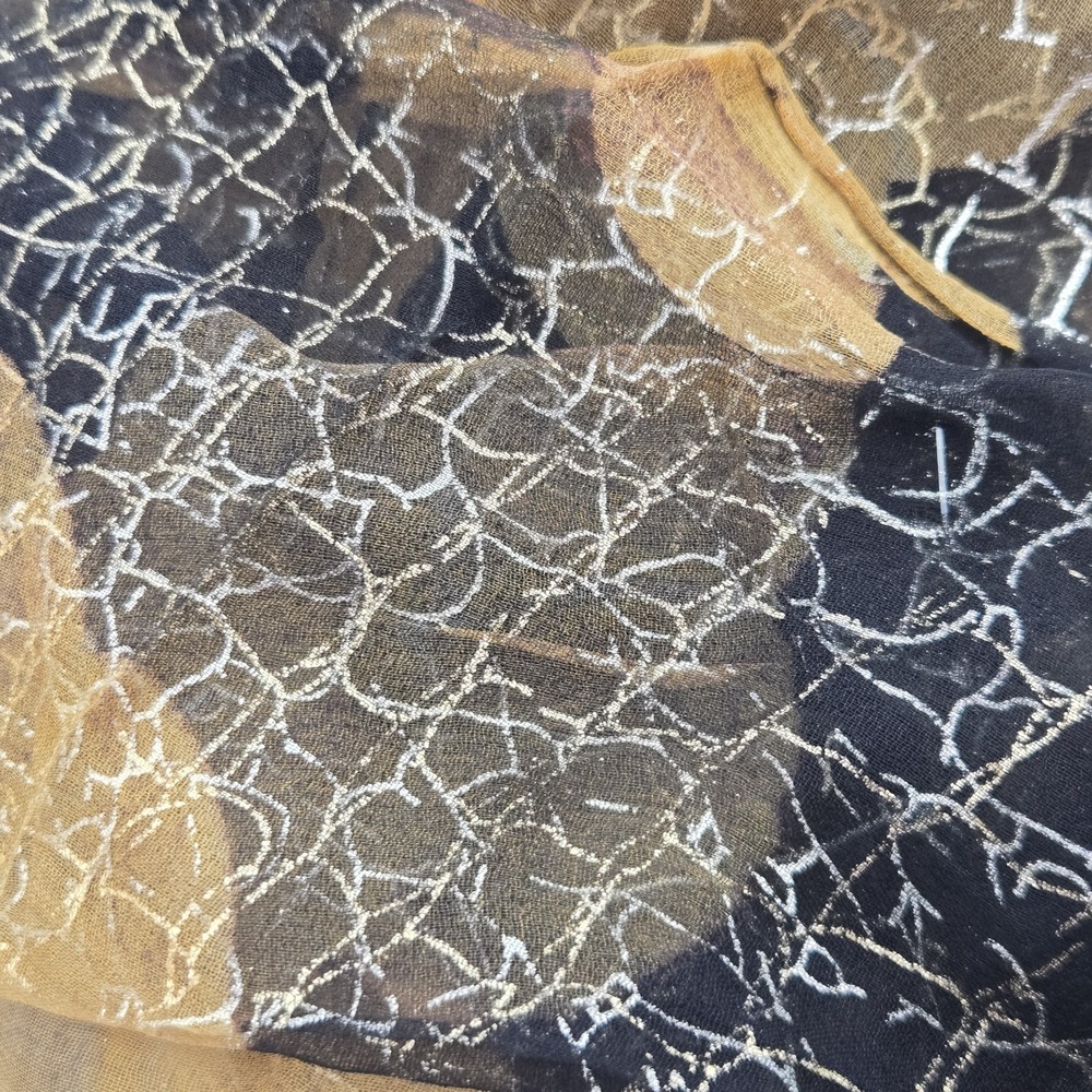 Sheer Silk Metallic Scarf 30x49 Black Gold Abstract Crackle Fringe Evening Wrap - Picture 3 of 11